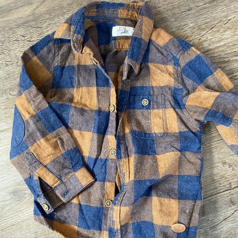 zara ochre and navy plaid/check buttondown flannel